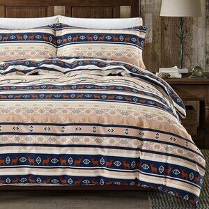 New 3 Piece Brown & Navy Aztec/Deer Pattern Duvet Cover Set • DoubleQueen Size